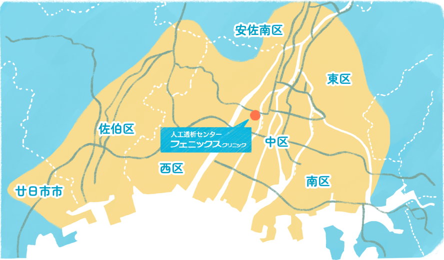 送迎範囲、広島市西区、中区、南区の全域と、東区、安佐南区、佐伯区、廿日市市の一部の地図