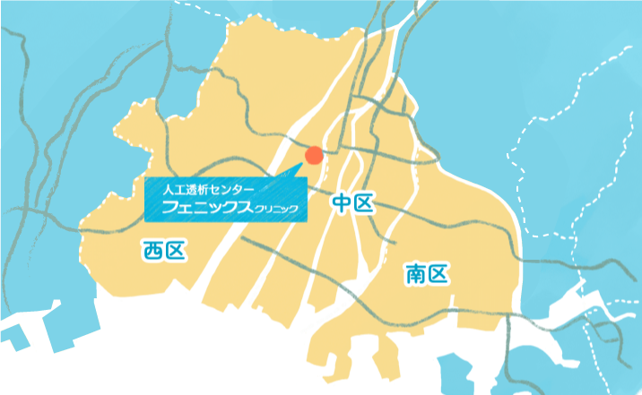 送迎範囲、広島市西区、中区、南区の全域と、東区、安佐南区、佐伯区、廿日市市の一部の地図